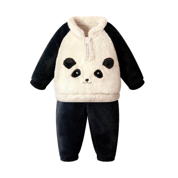 Juorvia Kids Fleece Loungewear Set Plush Loose Fitted Half-Zip Pullover Cartoon Bear Tapered Trousers(1-2 Years,Black)