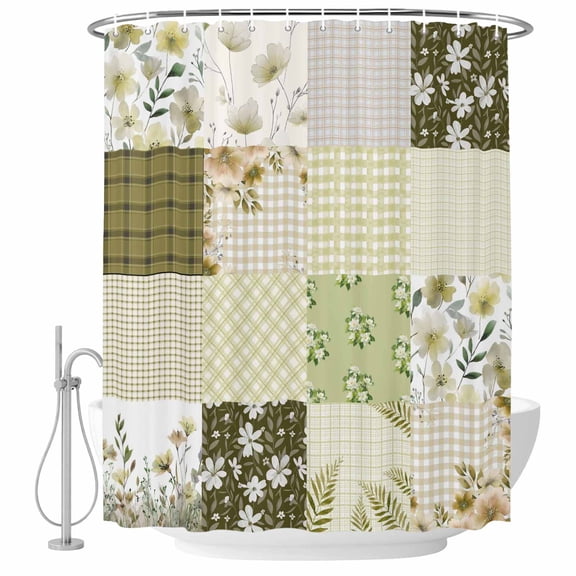 Spring Floral Shower Curtain, Waterproof Shower Curtains for Bathroom, Yellow Flowers Botanical Patchwork Grid Bohemia Washable Fabric Bathtub Curtain Set Bath Decor with 12 Hooks Standard 72"x72"