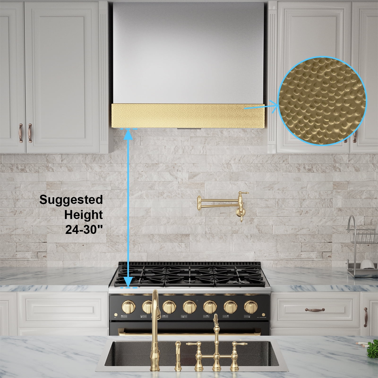 Akicon 600 CFM Wall Mounted Range Hood, Stainless Steel Range Hood 36 inch, Energy Saving, Ducted Kitchen Hood for Cooking, Powerful Vent Motor, Brushed Stainless with Gold