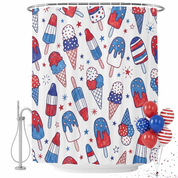 4th of July Shower Curtain Patriotic Ice Cream Cones Bathroom Curtains with Hooks, Waterproof Fabric Stars Stripes Bath Shower Curtains Set for Bathroom Bathtubs Independence Day Decor 72x72 Inch