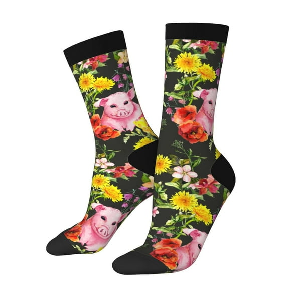Lsque Cute Pigs Sunflower Printed Men's Crew Socks, Soft Durable Breathable Moisture-Wicking with Odor Control Cotton socks
