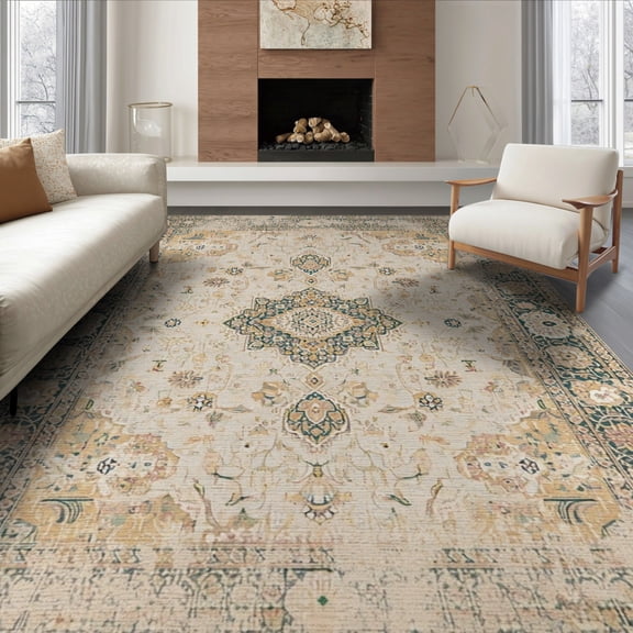 ODIKA 8'x10' Washable Area Rug Durable, Non-Slip Vintage Medallion Oriental Traditional Distressed Scrollwork for Living Room, Under Sectional, Family