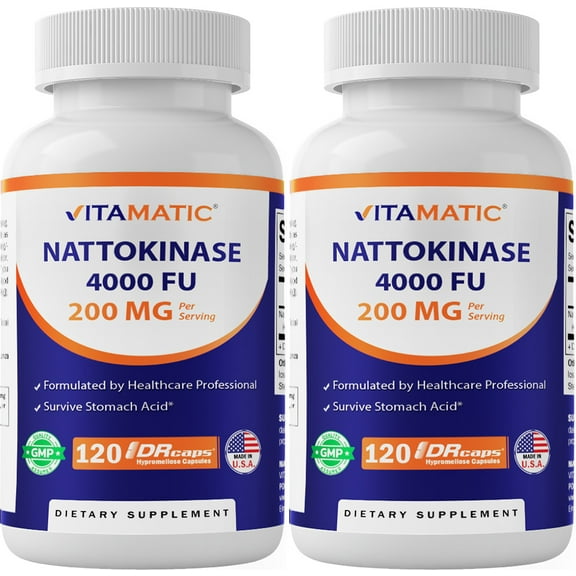 Vitamatic 2 Packs Nattokinase Supplement 4,000 FU Servings, 120 Delayed Released Capsules - Survives Stomach Acids - Non-GMO & Gluten Free - Made in The USA
