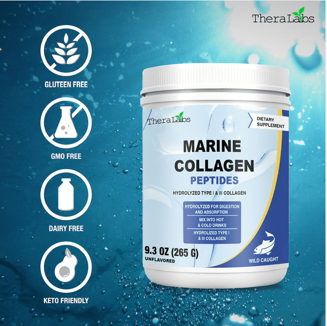 TheraLabs Marine Collagen Peptides 9.3oz (265g) Wild Caught Fish Hydrolyzed Type I & III Collagen - Kosher - Supports Healthy Skin, Nails & Hair - 26 Servings - 2PK