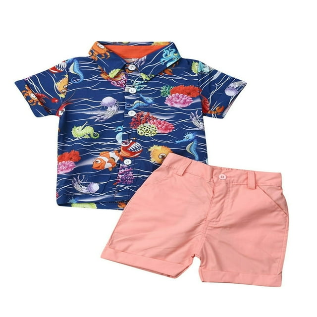 Little Boys Short Sleeve Button Down Shirts Tops Shorts Pants 2pcs Summer Outfits