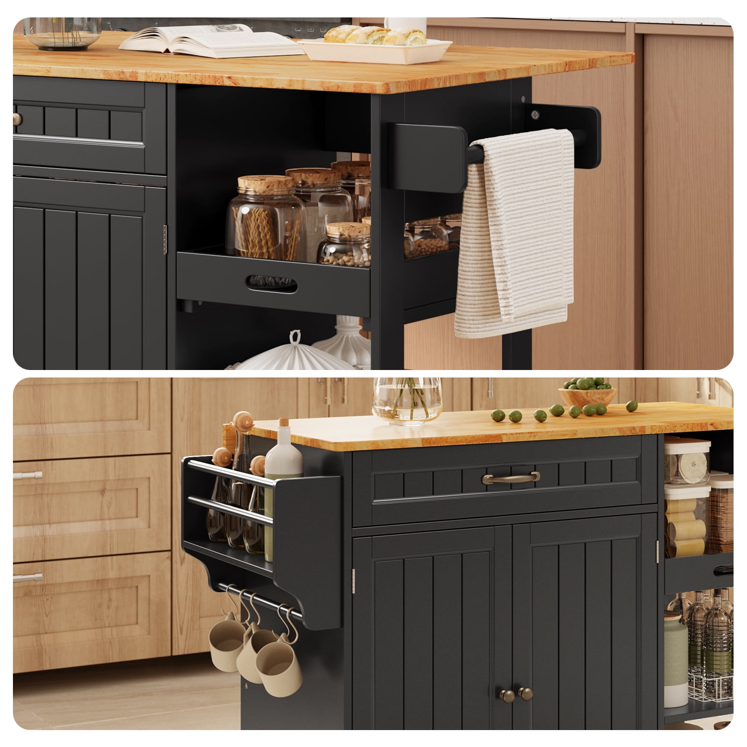 Kitchen Island with Storage, Lofka 41.7” Kitchen Island Cart with Drop Leaf, 1 Removable Tray, 2 Shelves, 1 Cabinet, Black