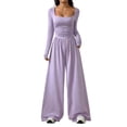 thumbnail image 2 of Long Sleeve Jumpsuit for Women Ruched One Piece Wide Leg Jumpsuit Baggy Square Neck Workout Romper with Pockets, 2XL, 2 of 6