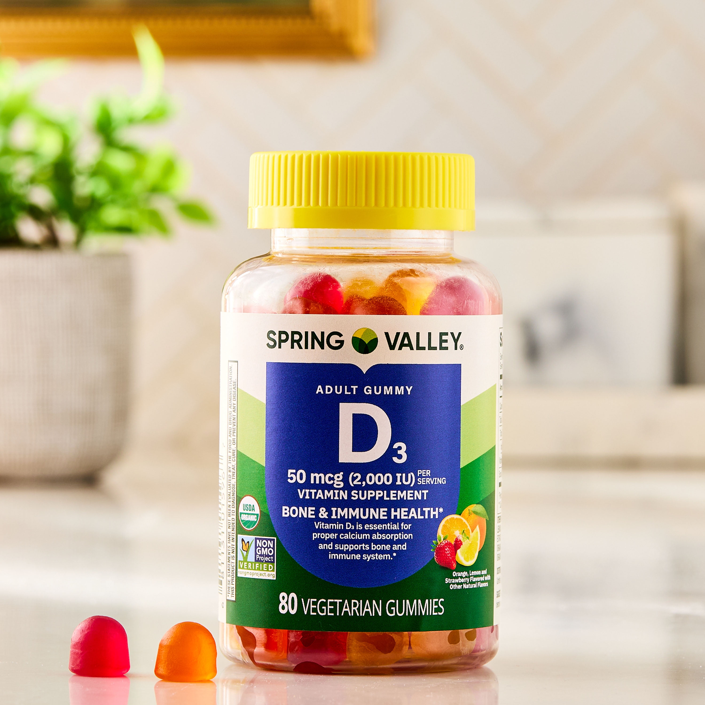 Spring Valley Vitamin D3 Gummies, 50 mcg (2000 IU), 80 Count, Supplement for Bone and Immune Health, Assorted Flavors