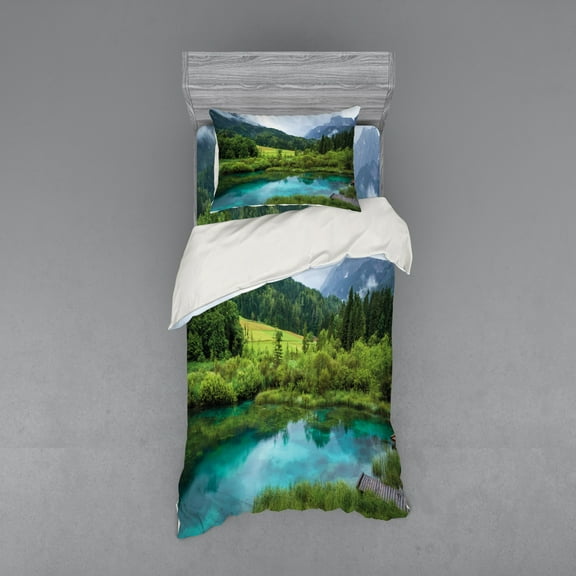 Ambesonne Landscape Bedding Set 3 Pcs, Zelenci Pond Slovenia, Twin, Green Aqua