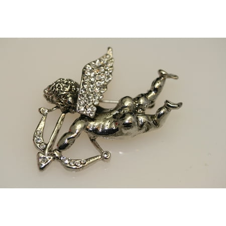 Rhinestone Antique Silver Angel Brooch. Cupid Arrow Brooch. Holiday Angel Pin. Jewelry for Women