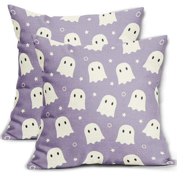Halloween Cute Ghost Pillow Covers 18x18 Inch Purple And White Spooky Throw Pillow Covers Set of 2 Farmhouse Cotton Linen Pillowcases Decoration Outdoor Halloween Pillows For Halloween Home Sofa Decor