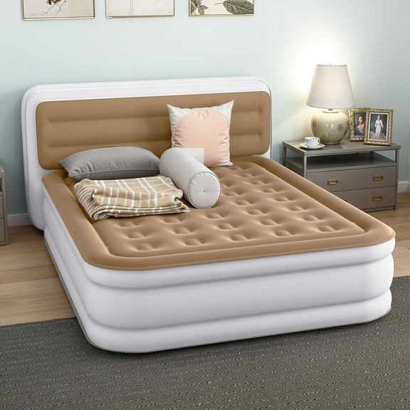 Uforic Queen Size Air Mattress with Built-in Headboard and Inflation Pump, 18in Deluxe Flocked Top Air Mattress, Sturdy Blow-Up Bed for Home & Visitors, Brown