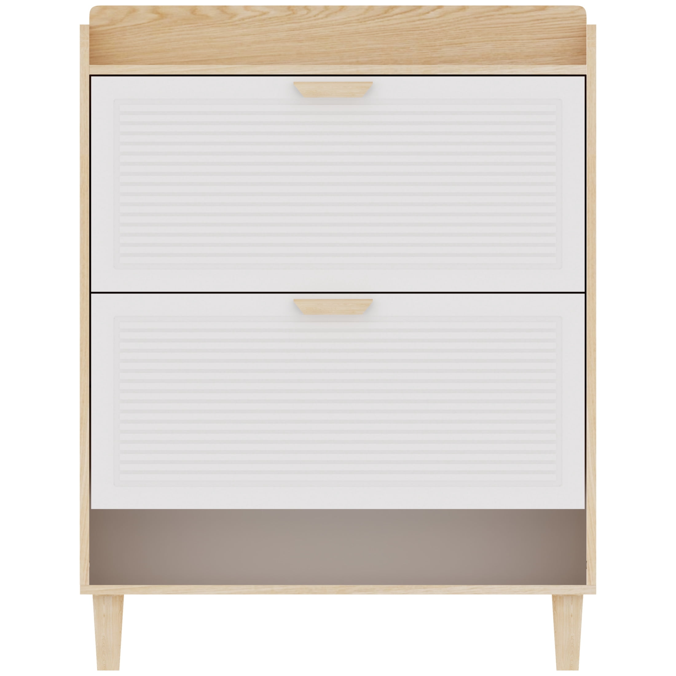 Noble House 31" Nordic Shoe Storage Cabinet, Flip Drawer Narrow Entryway Organizer, Solid Wood Legs, White & Natural