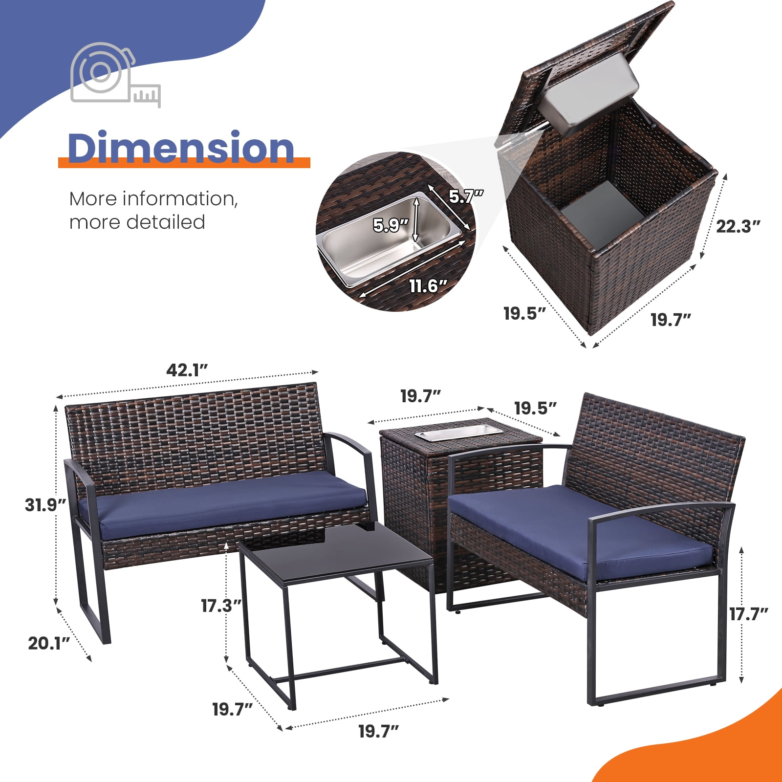 FHFO 4 Piece Outdoor Patio Furniture Set,Wicker Conversation Sets Patio Sofa Couch with Built-in Beverage Cooler Storage Box & Coffee Table for Outside, Garden, Balcony, Porch,Brown/Blue