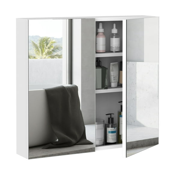 Bathroom Mirrored Cabinet, 24x22 Steel Medicine Cabinet Wall Mounted, White - Double Door Storage Organizer for Toiletries & Cosmetics