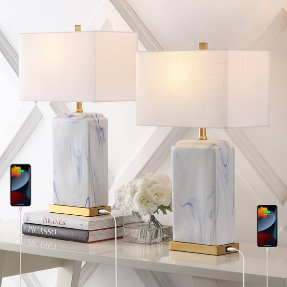 JONATHAN Y Chloe 24.5" Modern Coastal Iron/Marbled Ceramic LED Table Lamp with USB Charging Port, Blue/White (Set of 2), JYL1140A-SET2