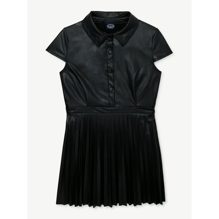 Scoop Girls Short Sleeve Pleated Faux Leather Dress, Sizes 4-12