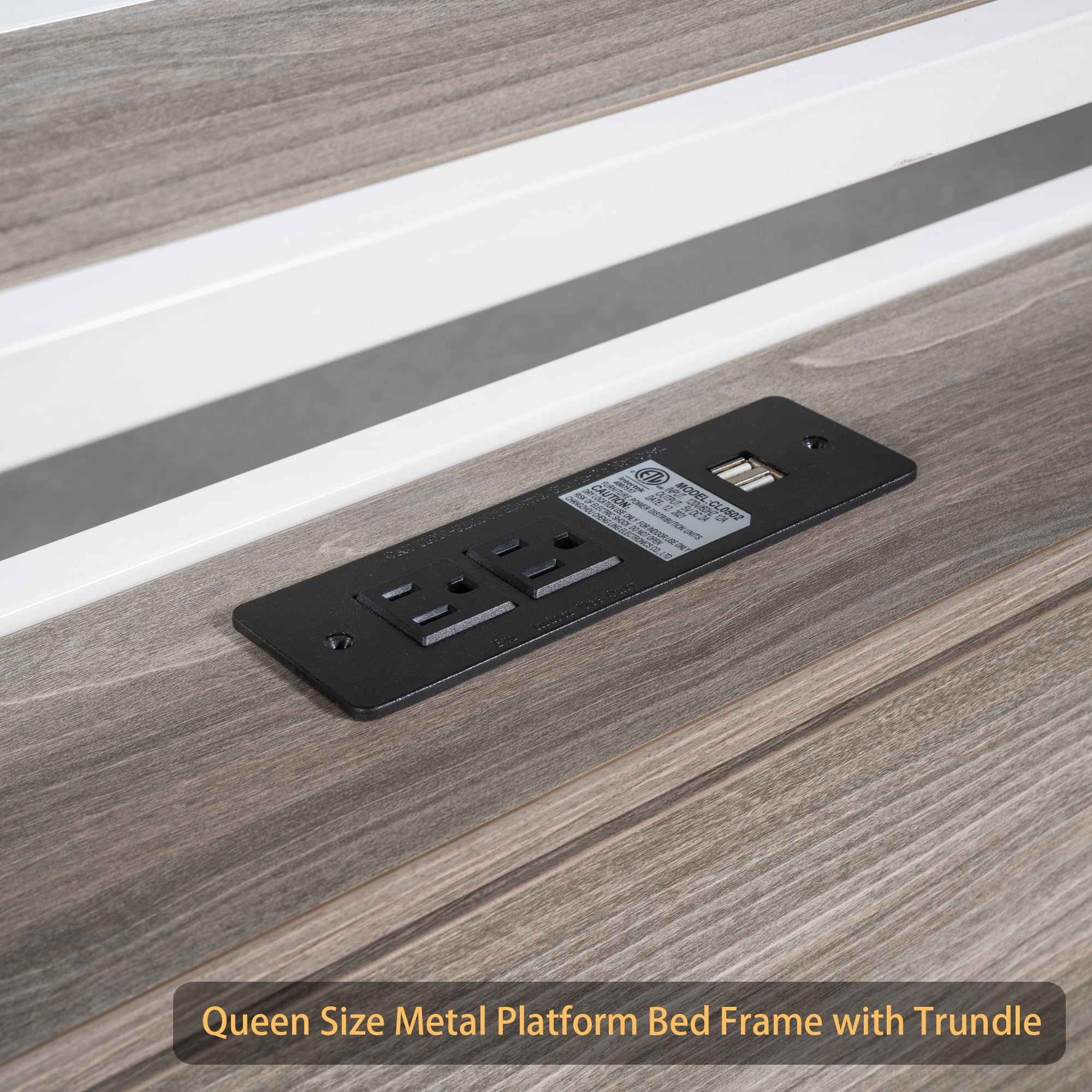 Queen Size Metal Platform Bed Frame with Trundle, USB Ports and Slat Support ,No Box Spring Needed White