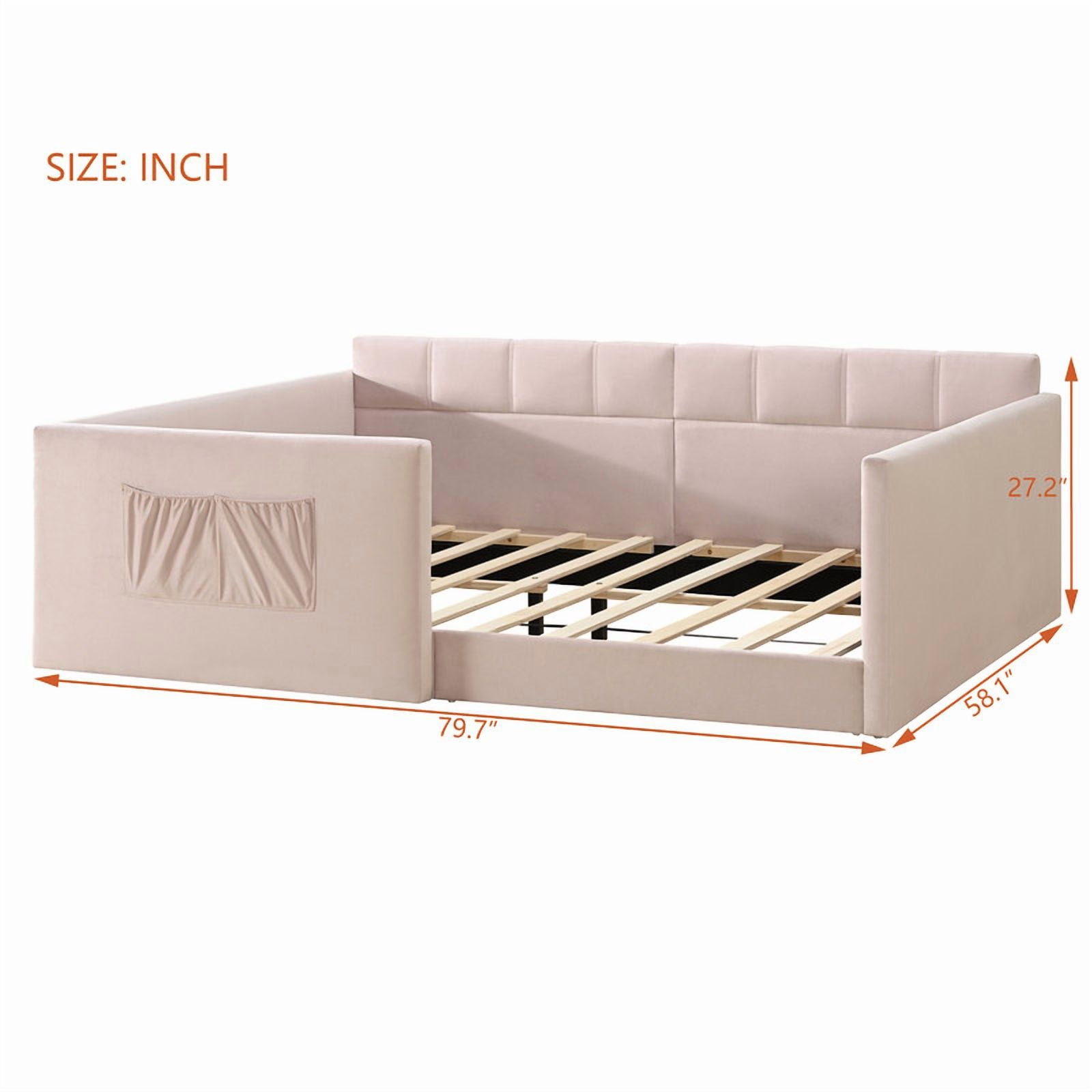 Full Size Velvet Daybed with 2 Storage Pockets, Upholstered Guest Sofa Bed Frame with High & Padded Backrest