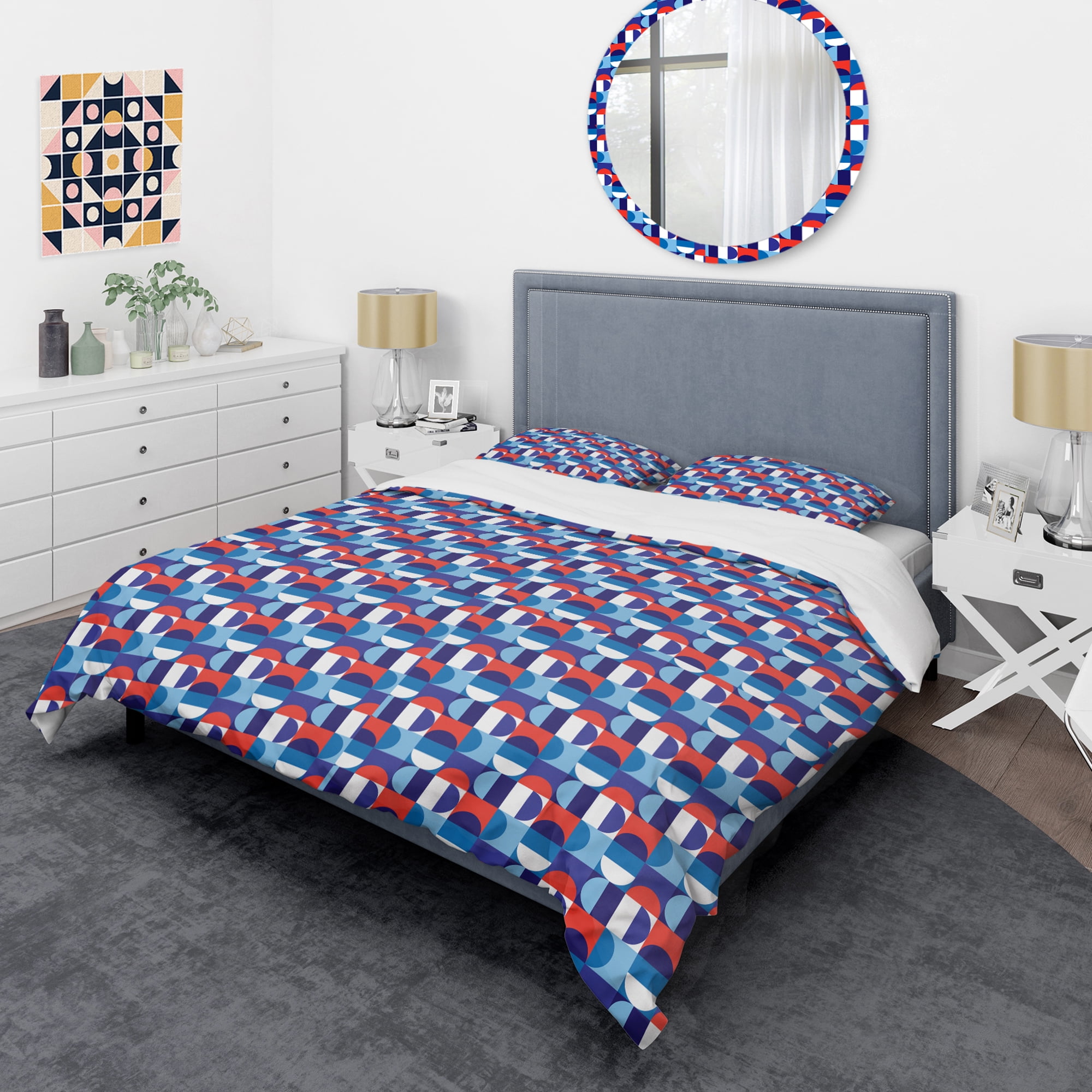 Designart 'Blue, Red & White Polka Dots' Mid-Century Modern Duvet Cover Set