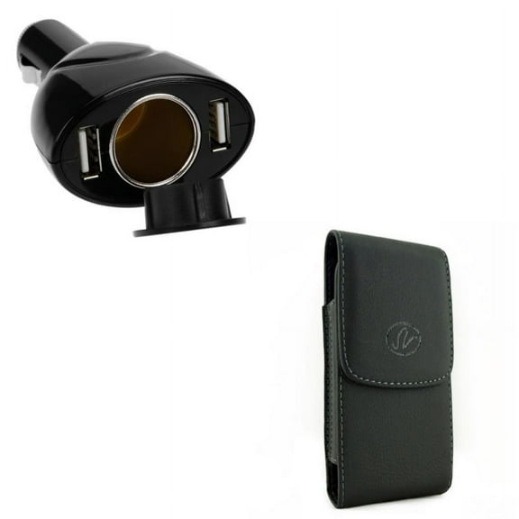 Black Vertical Leather Phone Case w Car Lighter Socket Splitter Charger Adapter W1M Compatible With Google Pixel 3a XL