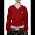 thumbnail image 2 of Cárdigan Corto de Larga con Cuello en V y Abertura Frontal para Mujer, Camisa de Otoño con Botones. Vino Tinto M, 2 of 10