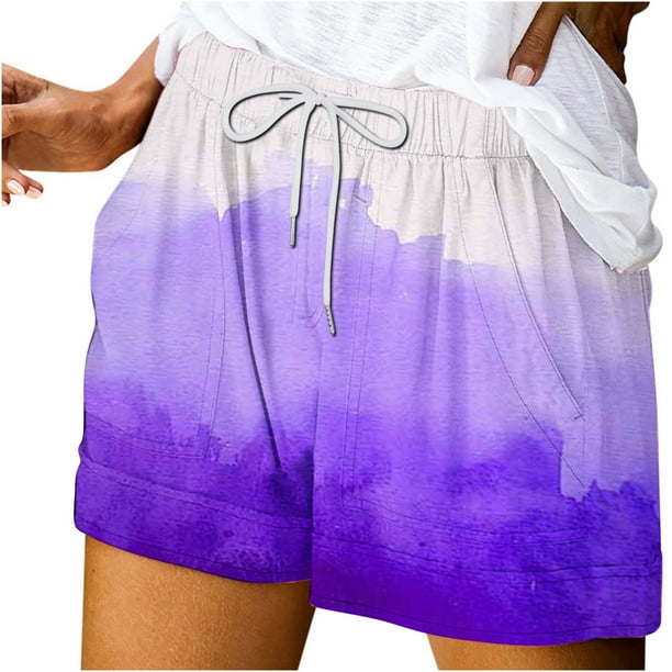 Pantalones Cortos Sueltos para Mujeres de Verano Impreso Encaje Hasta Bolsillo Elástico Pantalones Cortos Casuales Poliéster, Moda Pantalones Cortos de Verano para Uso Diario Y de Ocio