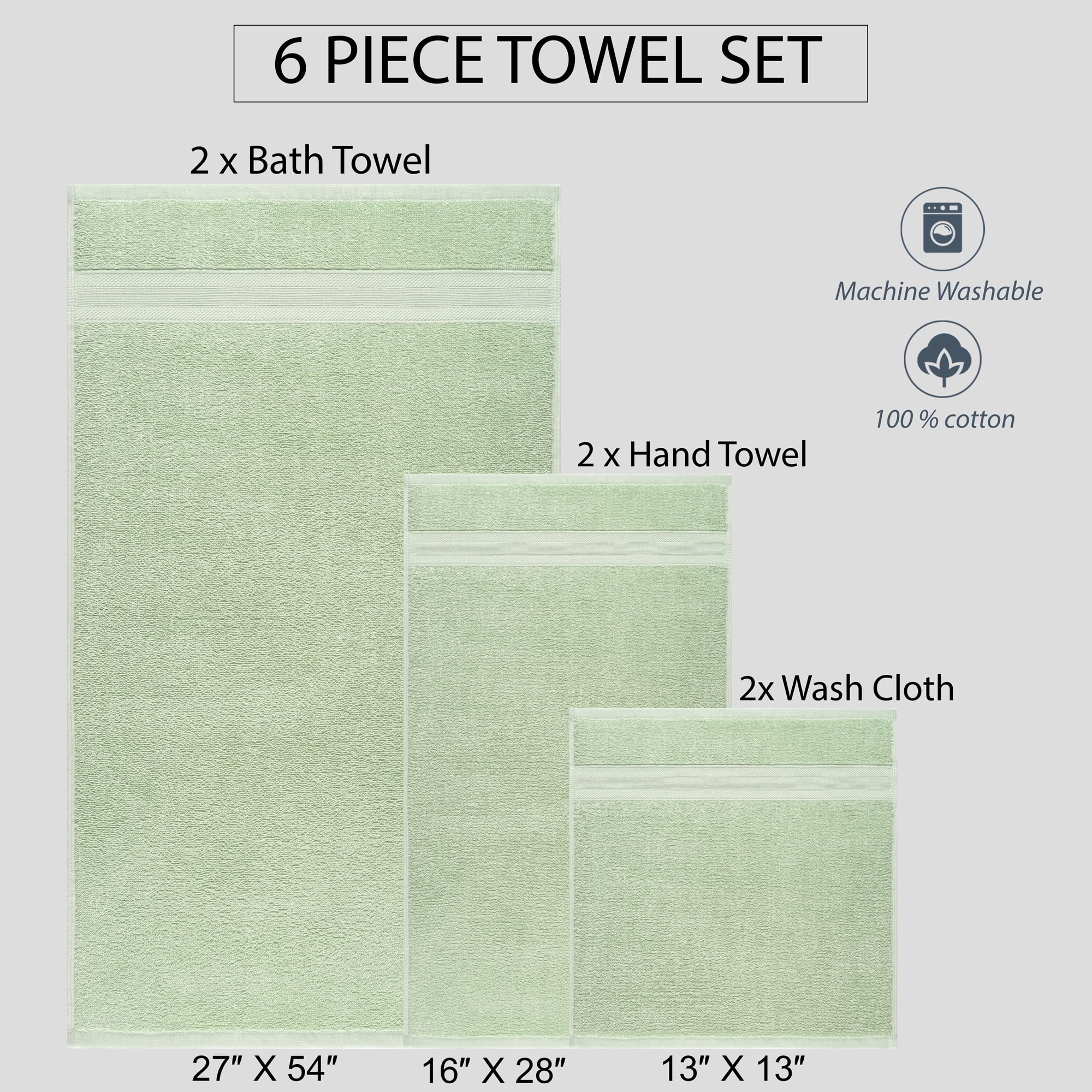 Quick-Dry, Soft & High Absorbent Bath Towels Cotton Turkish Bath Towel Set of 6 | Daily Use 100% Cotton Towels for Bathroom, Gym & More | Bathroom Towels Set (6 Pcs, Green)