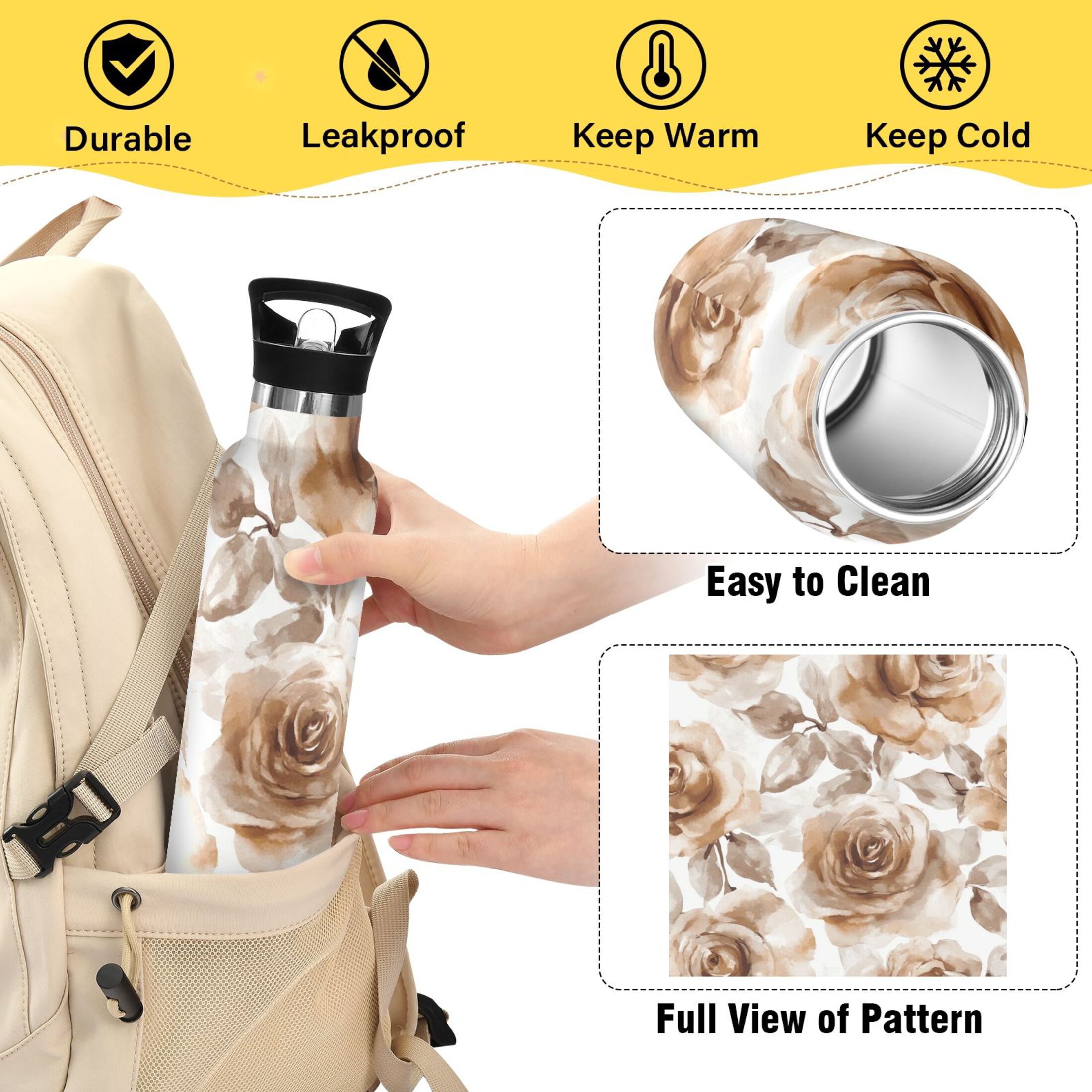 600ML Stainless Steel Insulated Cup Sports Water Bottle Portable Thermos Cup Water Glasses Insulated Tumblers Convenient and Durable Cartoon Brown Roses Seamless