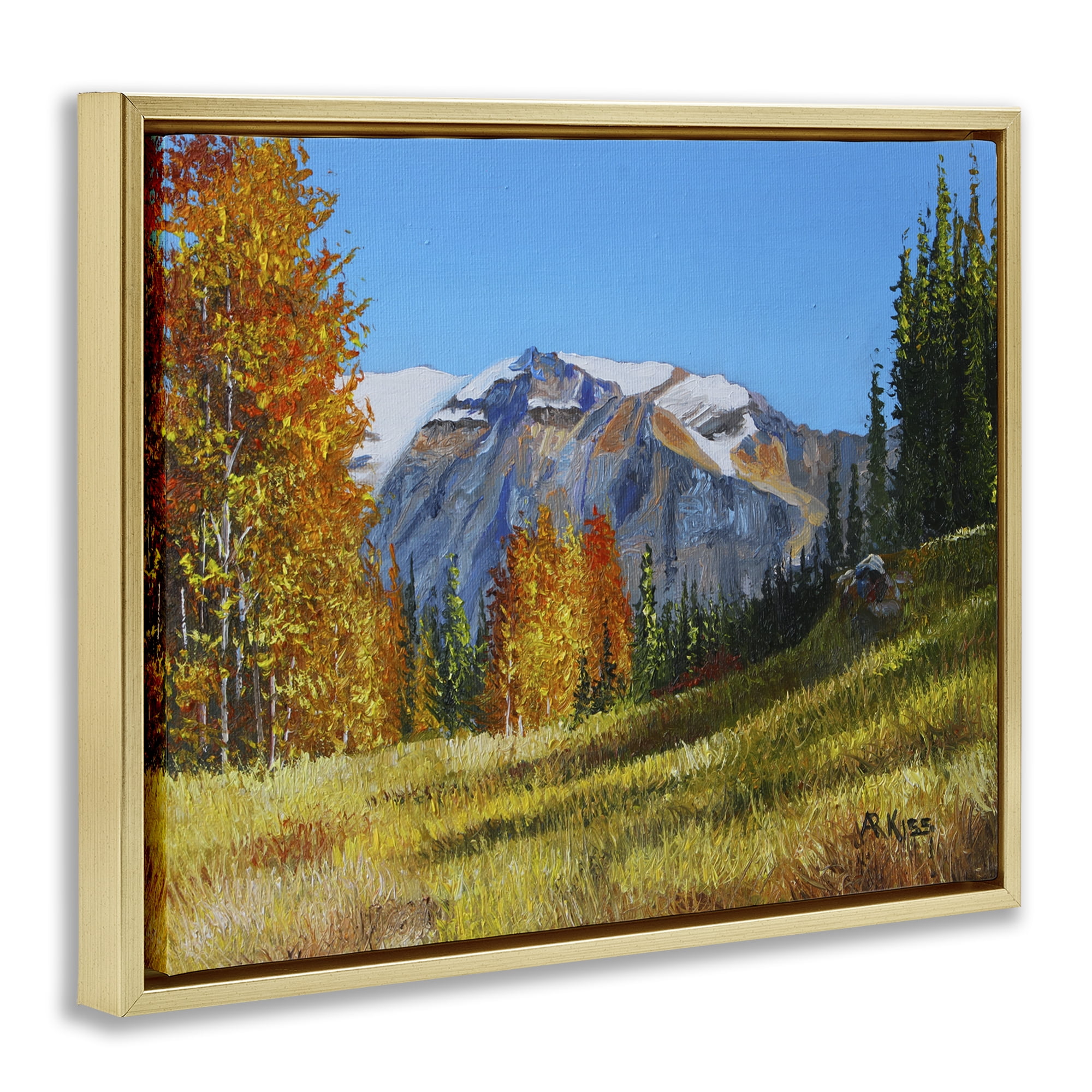 Stupell Industries Autumnal Mountain Valley Landscape & Nature Painting Gold Floater Framed Canvas Art Print Wall Art, 31 x 25