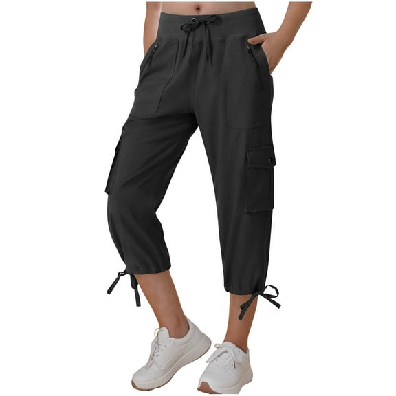 Fesfesfes Women's Cargo Pants Casual Solid Color Elastic High-Waist Drawstring Short Trousers with Pockets Summer Comfy Outdoor Shorts(Black,M)