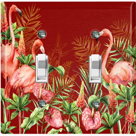 Metal Light Switch Plate Outlet Cover Tropical Pink Flamingo Flower Leaves Burgundy FGO009