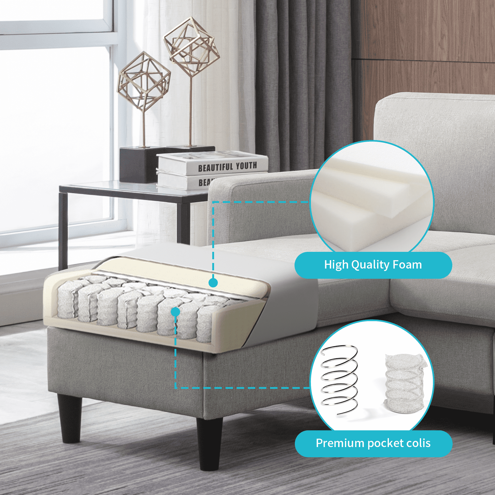 Mixoy 76"W  Sectional Sofa with Movable Ottoman, Free Combination Sectional Couch, Small L Shaped Sectional Sofa with Storage Ottoman, Modern Linen Fabric Sofa Set for Living Room (Light Grey)