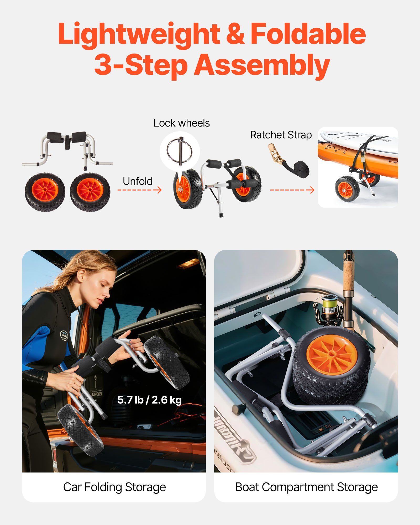Foldable Kayak Cart Trolley with 10" Solid Rubber Tires & Ratchet Strap, 200 lbs Capacity, for Transporting Kayaks, Canoes, Paddle Boards, Jon Boats, Float Mats, Carrier Caddy
