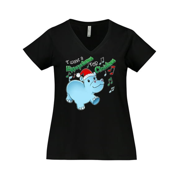Inktastic I Want a Hippopotamus for Christmas Hippo in Santa Hat Women's Plus Size V-Neck T-Shirt