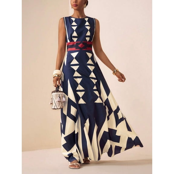 Multicolor Geometric Print Sleeveless Maxi Dress For Summer Festival, Vacation, Beach, Street Style
