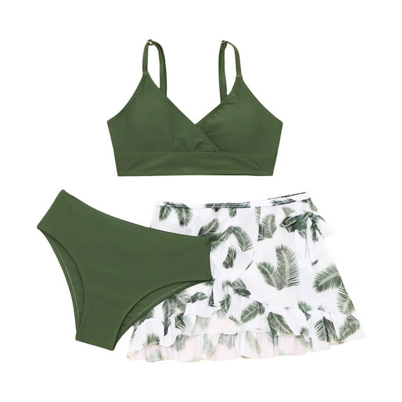 TiaoBug Ensembles de Bikini 3 Pcs pour Filles, Bretelles Spaghetti, Soutien-Gorge, Maillots de Bain, Vert Olive 16 Ans