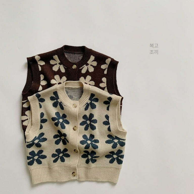 DanceeMangoo Spring New Children Sleeveless Knit Vest Fashion Flower Print Girls Knitted Vest Vintage Kids Sweater Boys Cardigan Vest