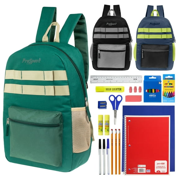 17" Multi Color Design Wholesale Backpacks in Assorted Colors & 34 pieces school supplies