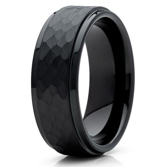 Silly Kings Jewelry 8mm Black Hammered Tungsten Carbide Wedding Band Stepped Edge Mens Comfort Fit Ring 10 (10)