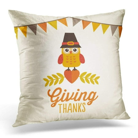 CMFUN Happy Thanksgiving Day with Bunting Flags and Cute Owl in Pilgrim Hat Sitting on Heart Message Reads Pillow Case Pillow Cover 18x18 inch