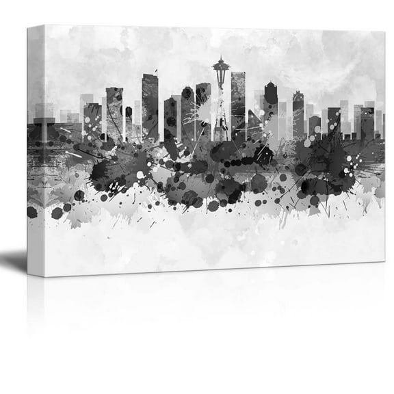 wall26 - Black and White City of Seattle with Watercolor Splotches - Canvas Art Home Art - 32x48 inches