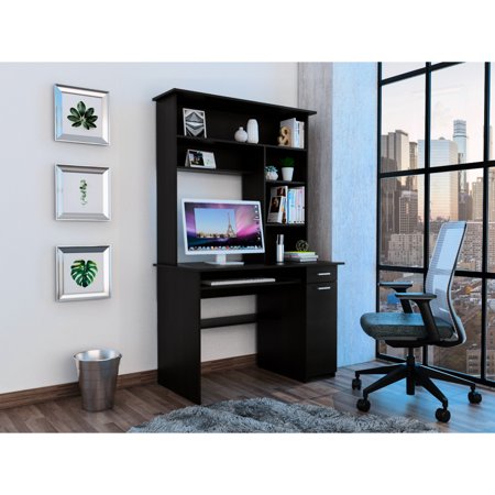 Black 180 Desk Featuring Plentiful Shelves Keyboard Tray & Panel In With Plenteous Tray And One Drawer