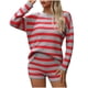 thumbnail image 5 of Conjunto de Ropa de Salón de las Mujeres de Punto a Rayas de Manga Larga Cuello Redondo Top + Pantalones, Tela Elástica Suave para el Hogar Y el Uso Diario, 5 of 7