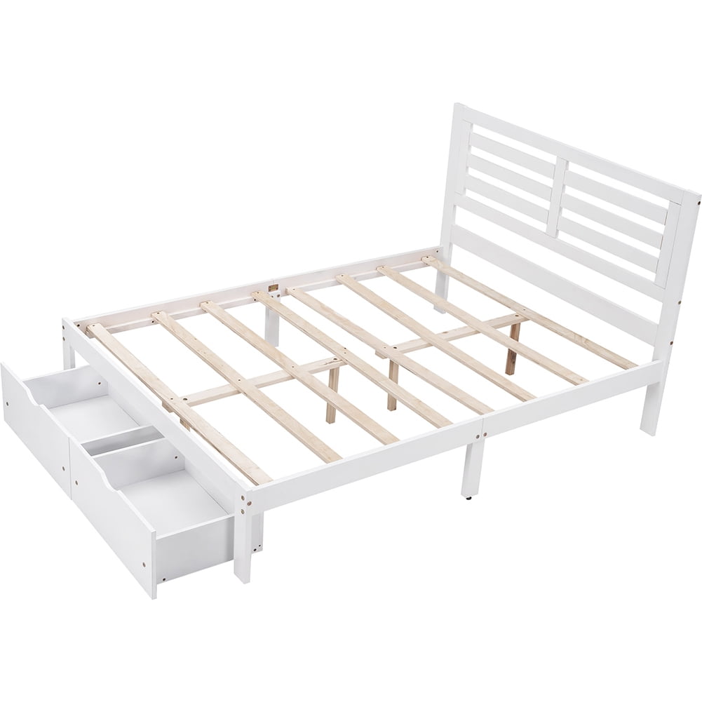 Wooden Full Size Platform Bed Frame with Drawer, Modern Platform Bed with Headboard
