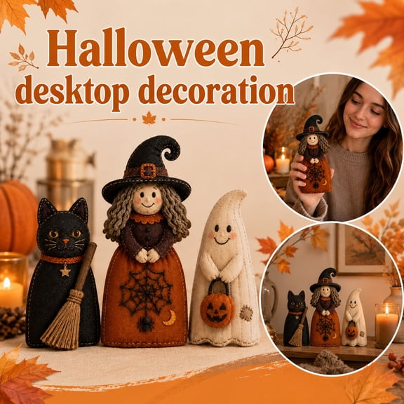 Halloween Desktop Figurine, Vintage Halloween Decorations, Halloween Witch Decor, Small Halloween Decor, Halloween Shelf Decor, Hand-Stitched Felt Witch Doll Tabletop Statue, 1