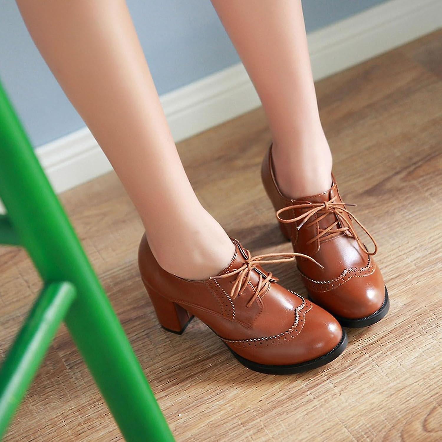 Women s Chunky Block Heels Oxfords Vintage Wingtip Brogues Round Toe Lace up Pumps High Heeled Booties Dress Shoes Walmart