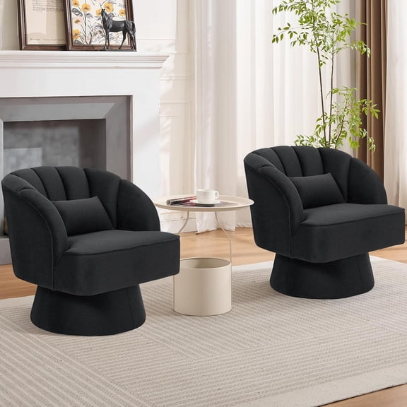 Modern Swivel Barrel Accent Chair, 360 Degree Velvet Upholstered Armchair with Striped Backrest & Plush Padding, Comfy Round Lounge Chair for Living Room, Bedroom, Reading Nook, Black 2 PCS