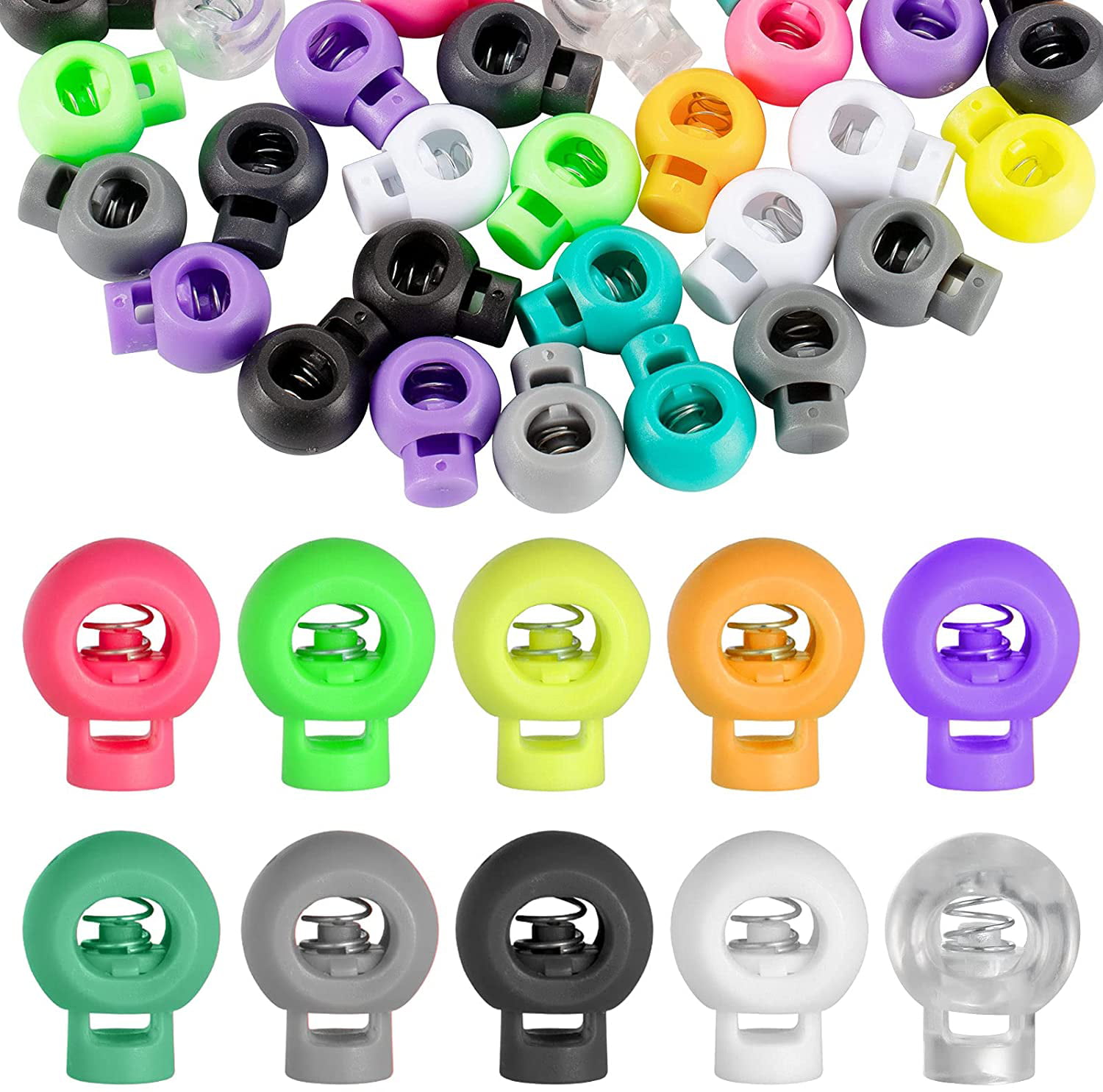 100 Pieces Plastic Spring Cord Lock Double Hole Spring Toggle Stoppers Cord Locks Toggle Cord Lock for Elastic Lanyard Stopper Sliding Fastener Buttons with 20 Pieces Mixed Color Paper Clips 