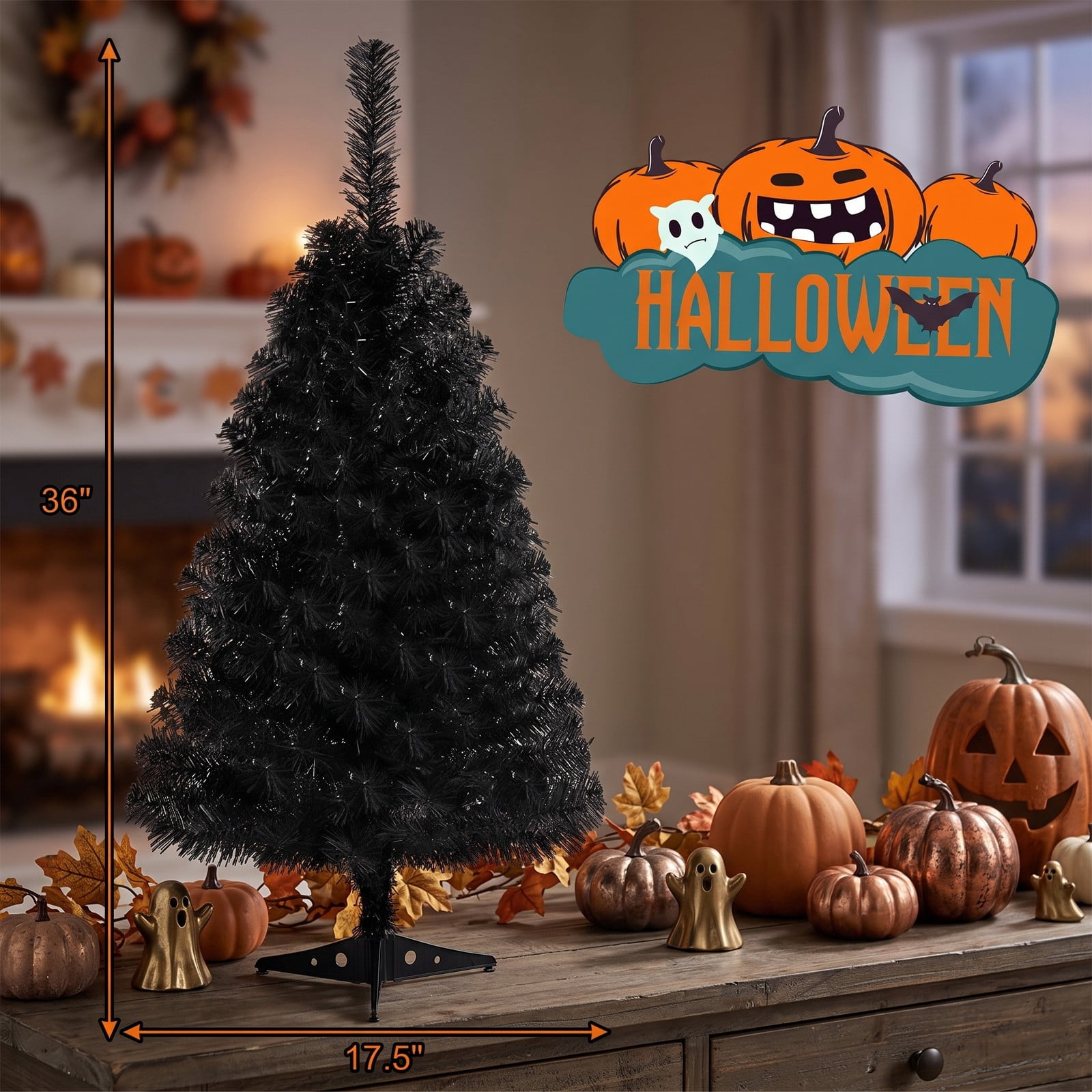 RUIE 3 Foot Unlit Artificial Christmas Tree, Mini Tabletop Halloween Xmas Pine Tree with Plastic Stand, 116 Branch Tips PVC Holiday Decor for Home Office Desk, Black